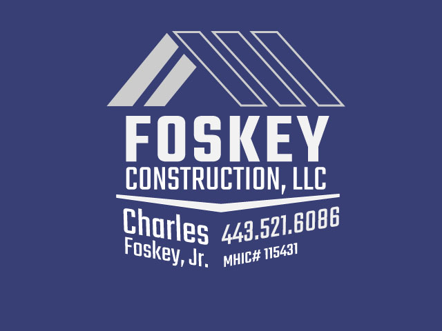Official logo of Foskey Construction, LLC. has a dark blue background and with silver writing and a angled design to represent a roof over our contact information.